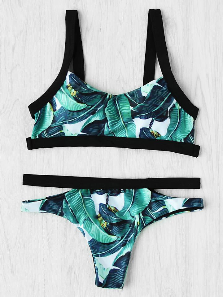 Romwe Contrast Trim Palm Print Bikini Set