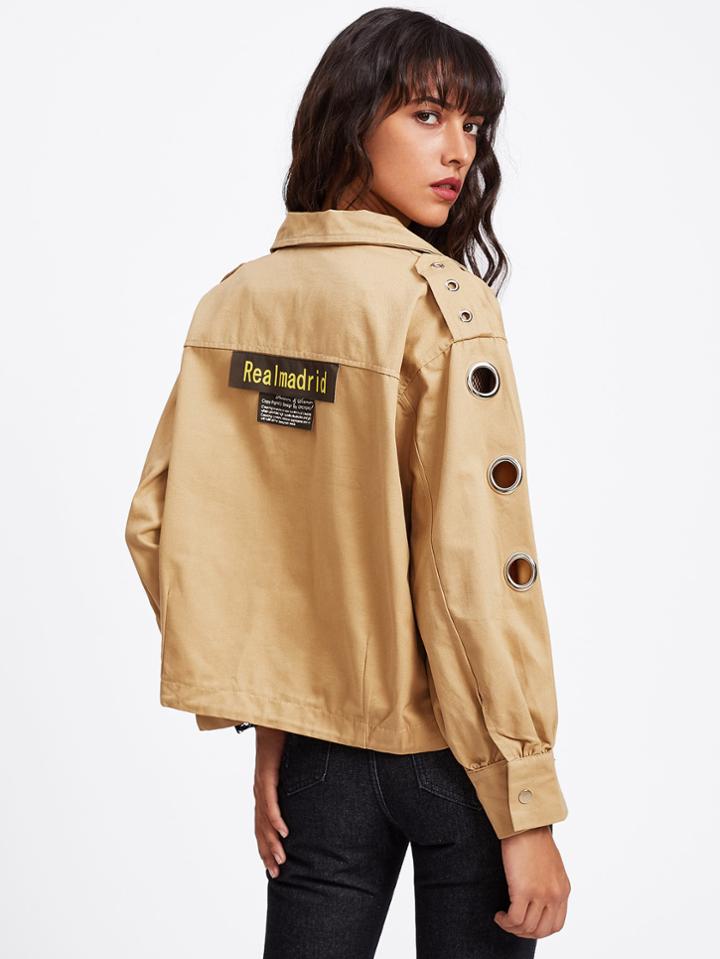 Romwe Ring Sleeve Drawstring Hem Lapel Jacket