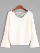 Romwe White V Neck Bell Sleeve Crisscross Back Fuzzy Sweater
