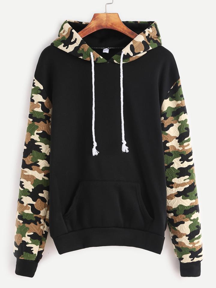Romwe Black Contrast Sleeve Hooded Sweatshirt