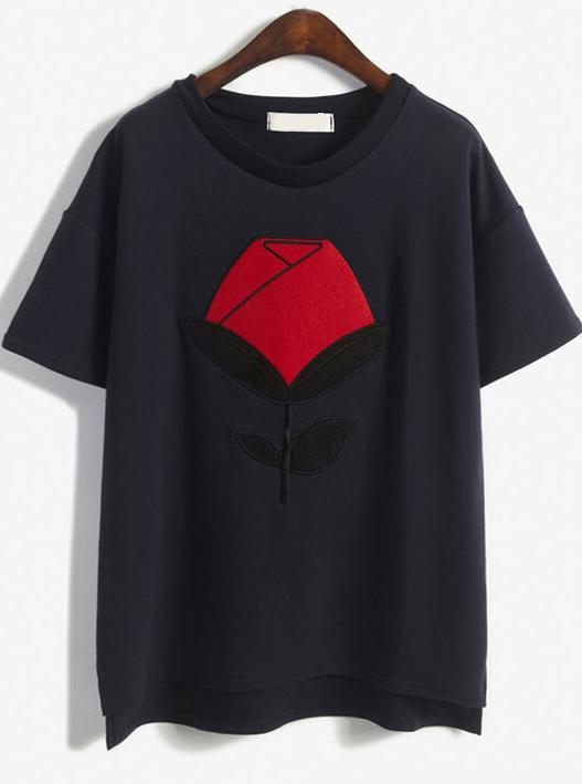 Romwe Rose Embroidered Dip Hem Loose Navy T-shirt