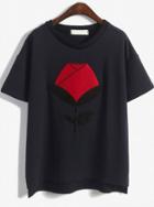 Romwe Rose Embroidered Dip Hem Loose Navy T-shirt