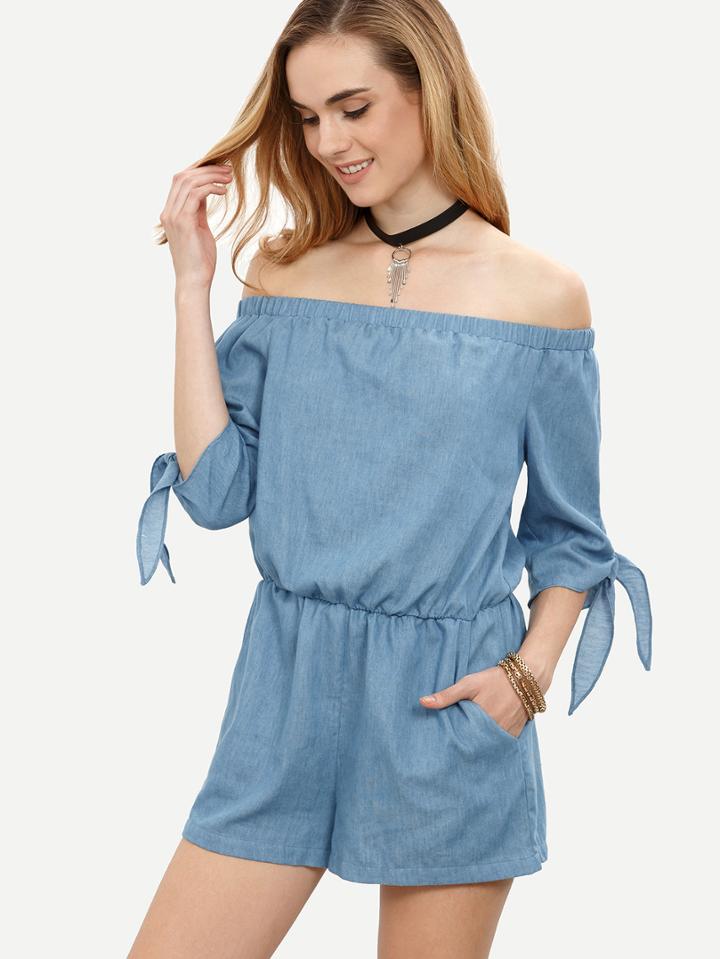 Romwe Blue Pocket Tie Cuff Off The Shoulder Jumpsuit