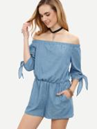 Romwe Blue Pocket Tie Cuff Off The Shoulder Jumpsuit