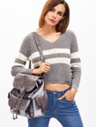 Romwe Grey Pu And Velvet Flap Pocket Drawstring Backpack