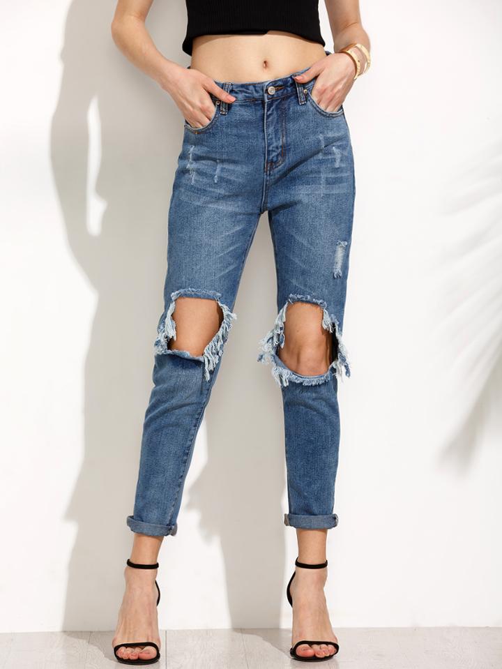 Romwe Blue Knee Ripped Jeans