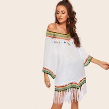 Romwe Crochet Panel Fringe Detail Cover Up