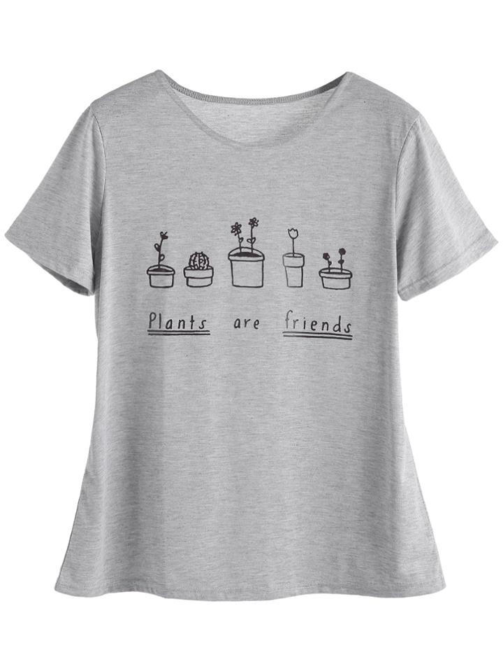 Romwe Light Grey Plants And Letters Print T-shirt