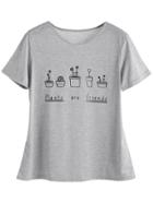 Romwe Light Grey Plants And Letters Print T-shirt