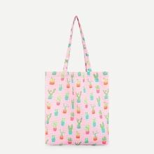 Romwe Cactus Print Striped Tote Bag