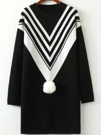 Romwe Chevron Print Pom Pom Jersey Black Dress
