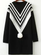 Romwe Chevron Print Pom Pom Jersey Black Dress