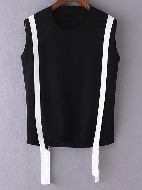 Romwe Black Contrast Criss Cross Back Sleeveless Knit Blouse