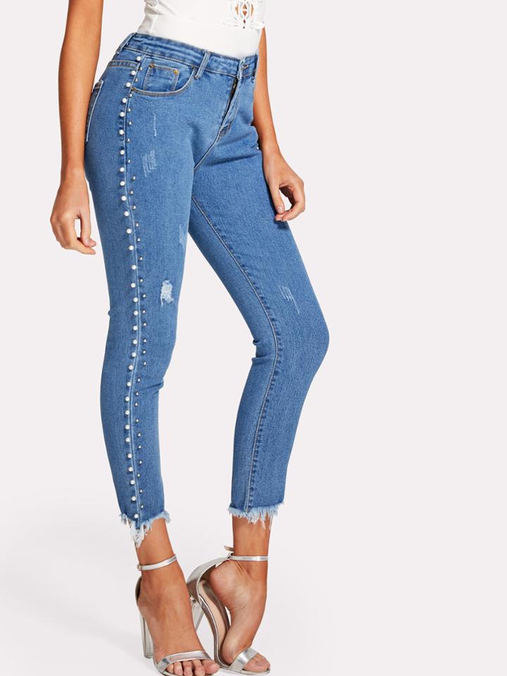 Romwe Raw Hem Faux Pearl Beading Skinny Jeans