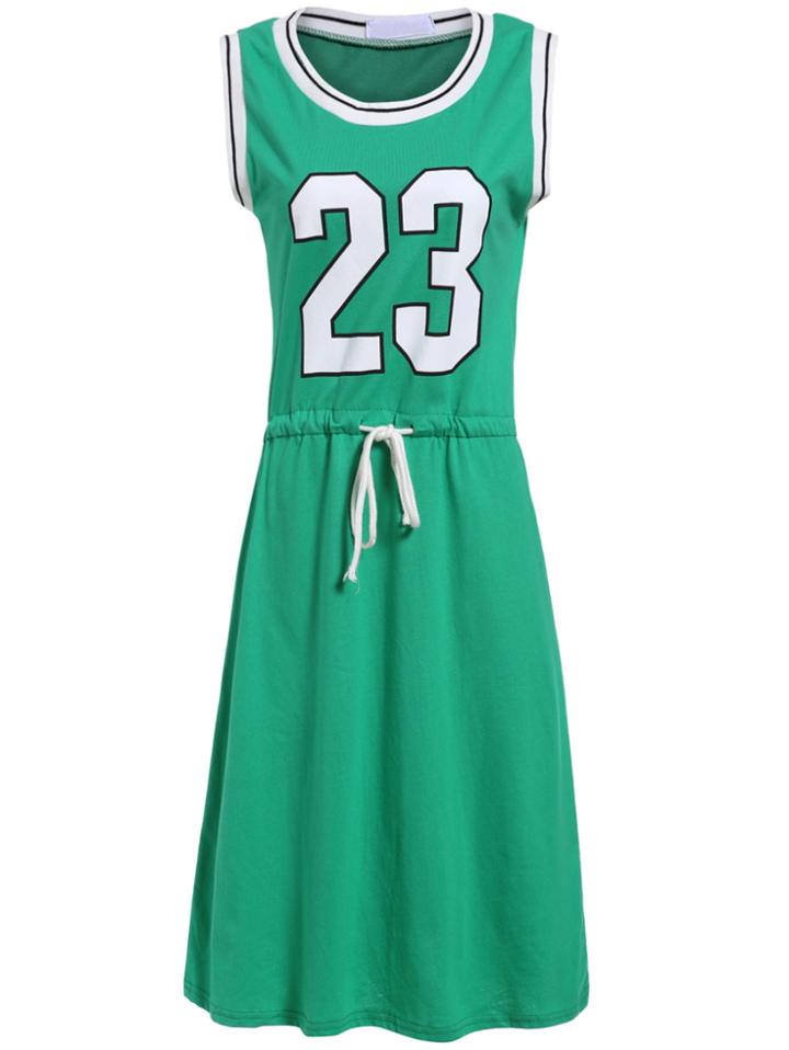 Romwe Sleeveless Number Print Self-tie Dress