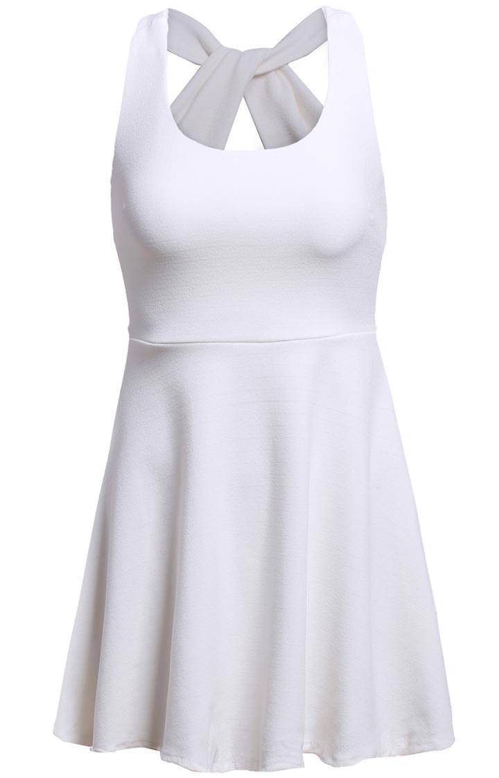 Romwe Sleeveless Criss Cross Hollow Pleated White Dress