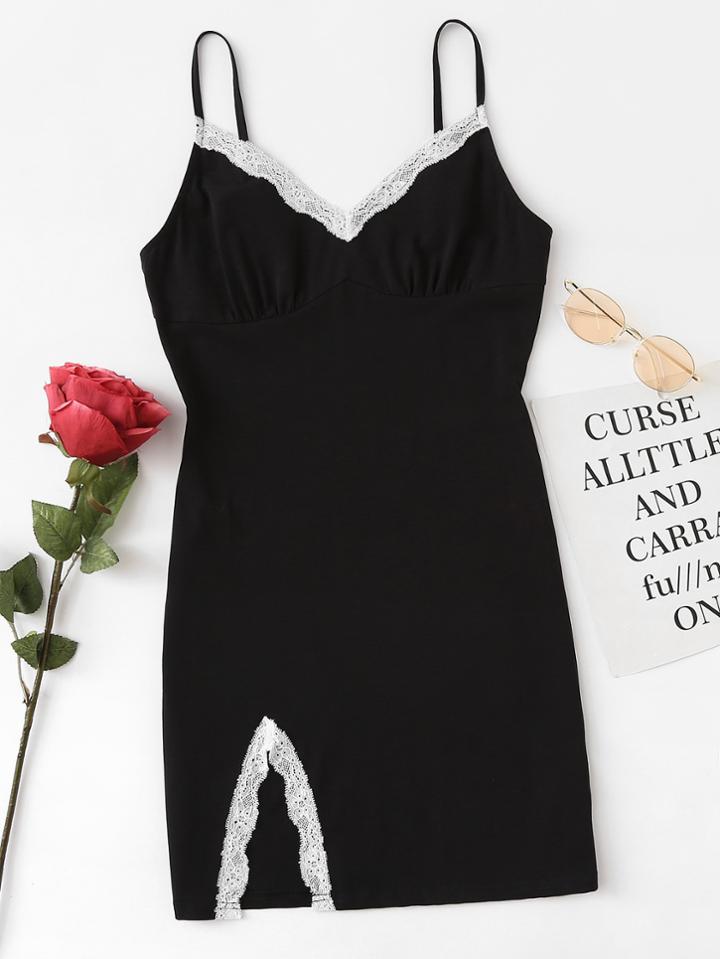 Romwe Slit Side Lace Detail Cami Nightdress
