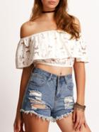 Romwe White Off The Shoulder Floral Ruffle Crop Blouse