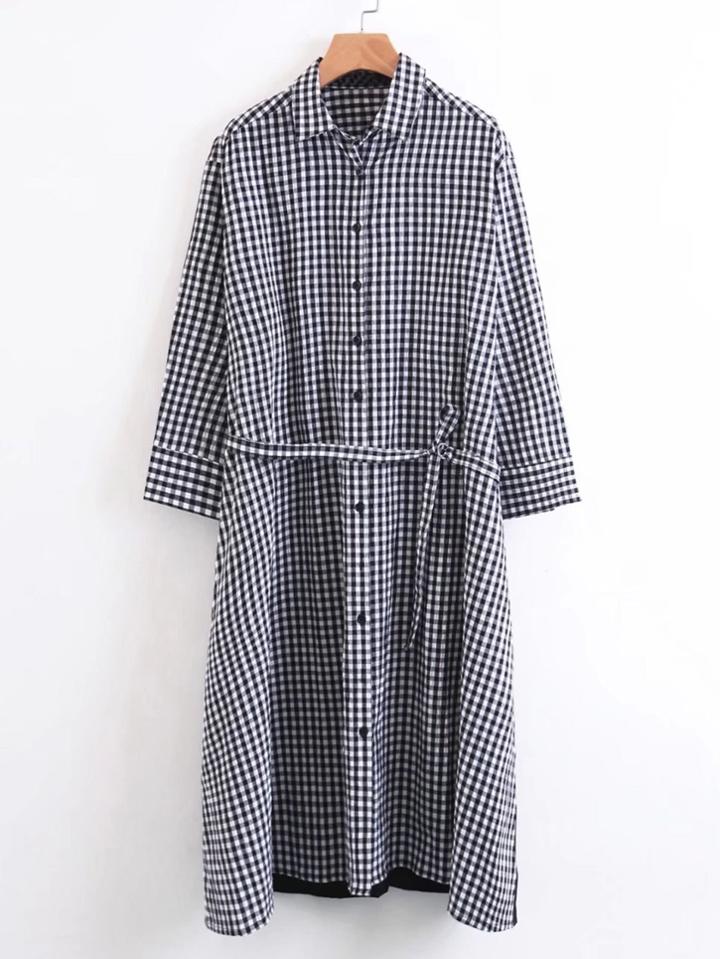 Romwe Contrast Panel Self Tie Plaid Dress