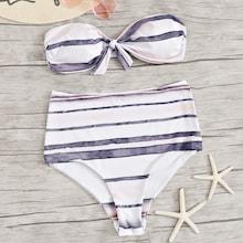 Romwe Striped Knot Front Bandeau With High Waist Bikini Set