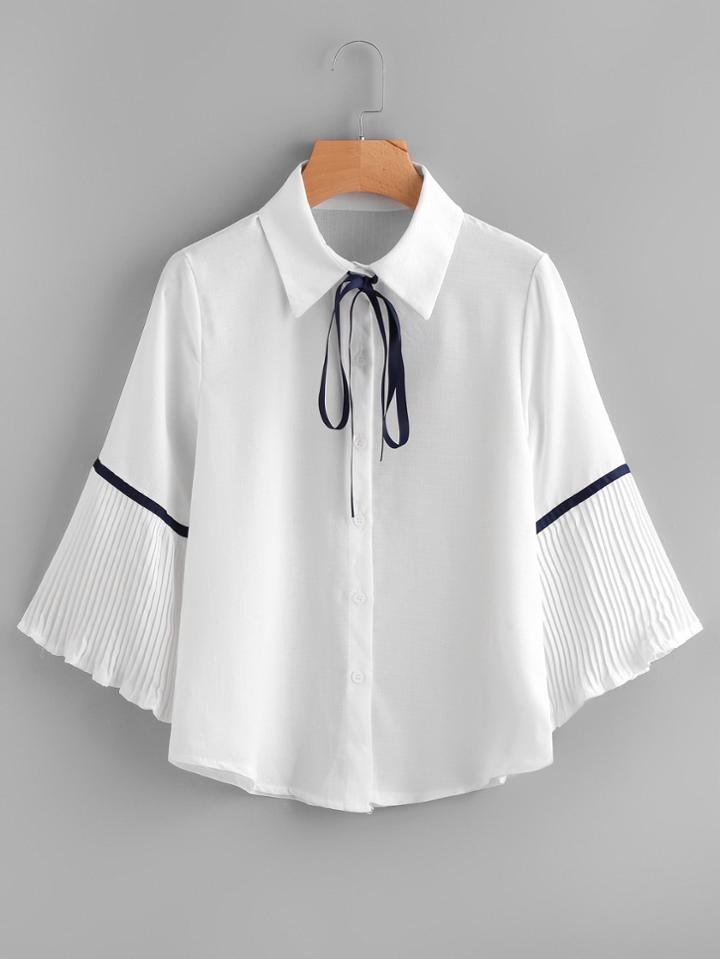 Romwe Pleated Sleeve Tape Detail Shirt