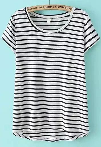 Romwe Dip Hem Striped White T-shirt