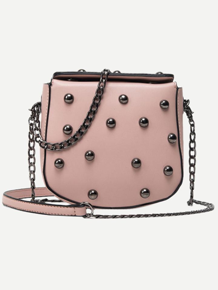 Romwe Pink Faux Leather Studded Saddle Bag