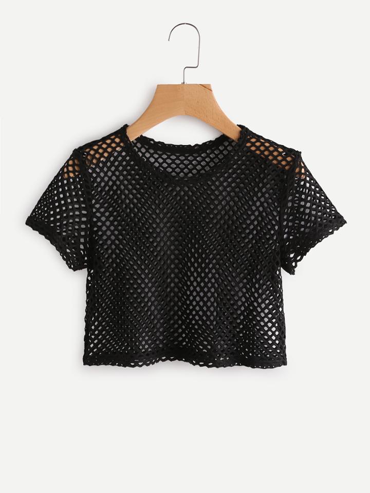 Romwe Hollow Out Fishnet Crop Tee