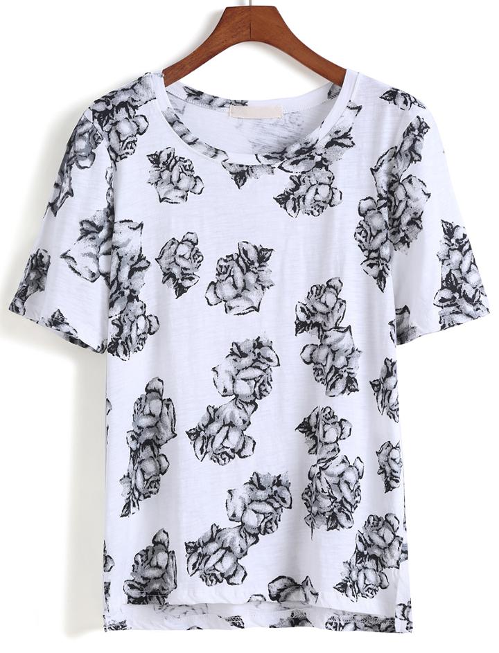 Romwe Dip Hem Rose Print Black T-shirt