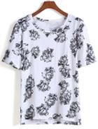 Romwe Dip Hem Rose Print Black T-shirt