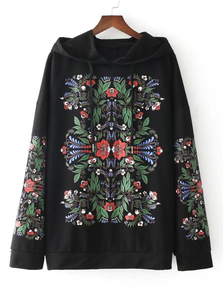 Romwe Symmetrical Flower Print Hoodie