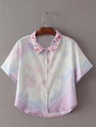 Romwe Multicolor Diamonds Lapel Buttons Front Tie-dye Print Short Sleeve Blouse
