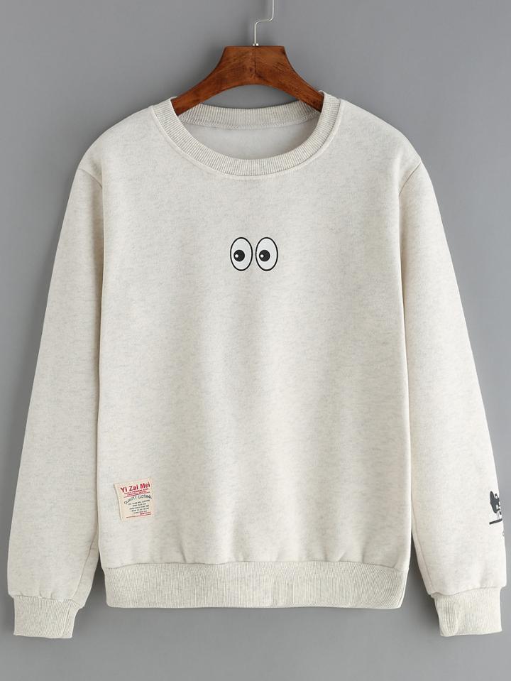 Romwe Eye Print Thicken Light Grey Sweatshirt