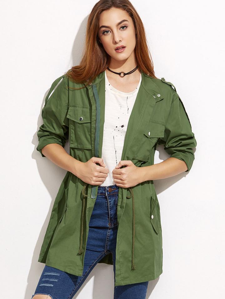 Romwe Army Green Drawstring Pockets Utility Coat