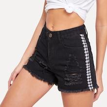 Romwe Grid Tape Ripped Denim Shorts
