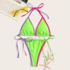 Romwe Neon Green Contrast Piping Halter Bikini Set