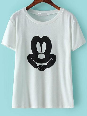 Romwe Round Neck Mickey Print White T-shirt