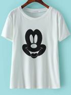 Romwe Round Neck Mickey Print White T-shirt