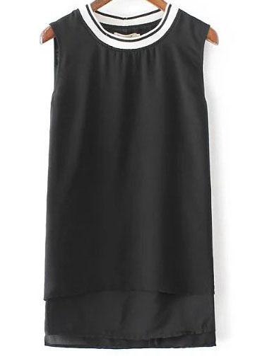 Romwe Black Contrast Striped Collar Layered Tank Top