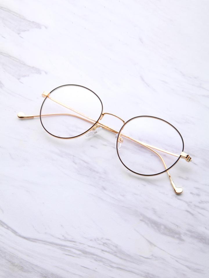 Romwe Black And Gold Frame Round Glasses