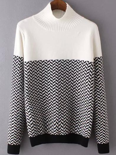 Romwe High Neck Contrast Striped Jumper