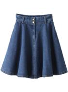 Romwe Blue Buttons Zipper Front Pockets Denim Swing Skirt