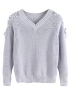 Romwe Grey V Neck Lace Up Sweater