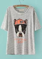 Romwe Dog Print Striped Grey T-shirt