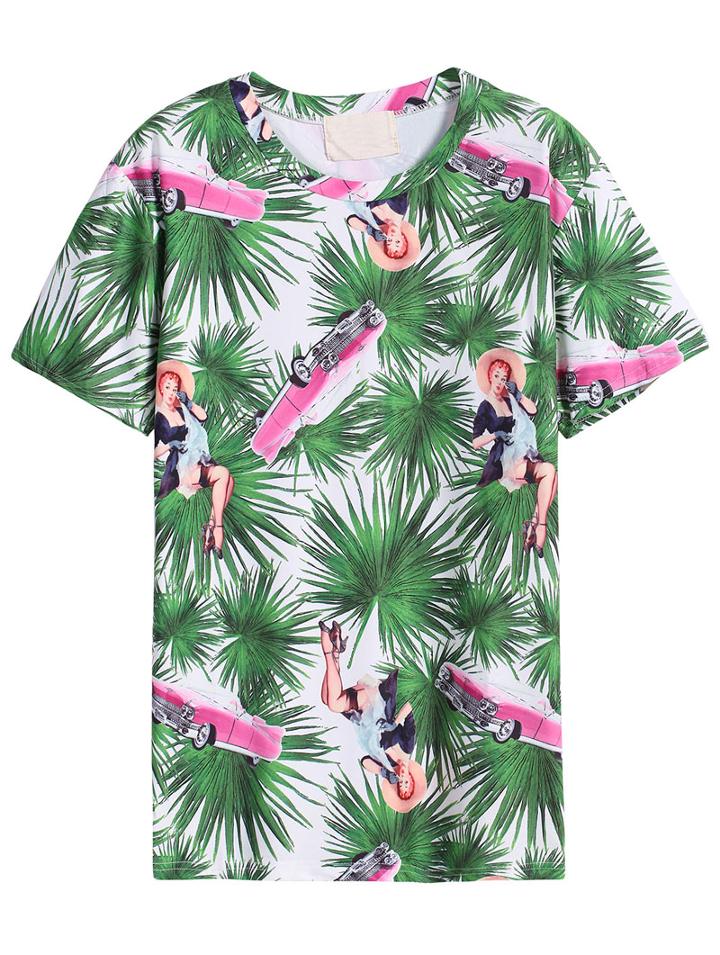 Romwe Beauty Leaves Car Print T-shirt