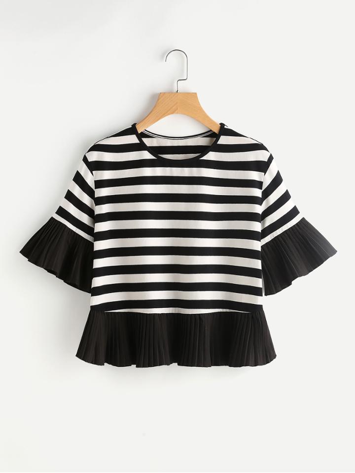 Romwe Pleated Frill Trim Striped T-shirt