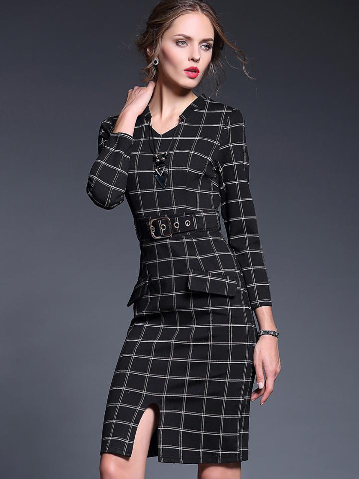 Romwe Black Round Neck Long Sleeve Necklace Drawstring Dress