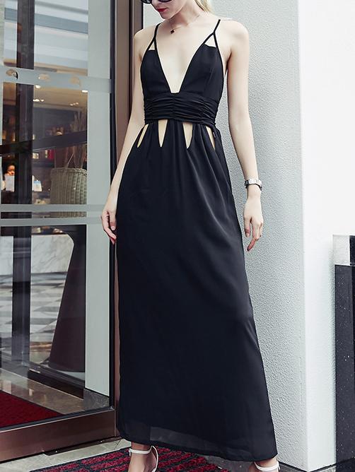 Romwe Black Plunge Neck Cutout Crisscross Cami Dress