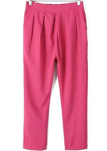 Romwe Elastic Waist Slim Rose Red Pant