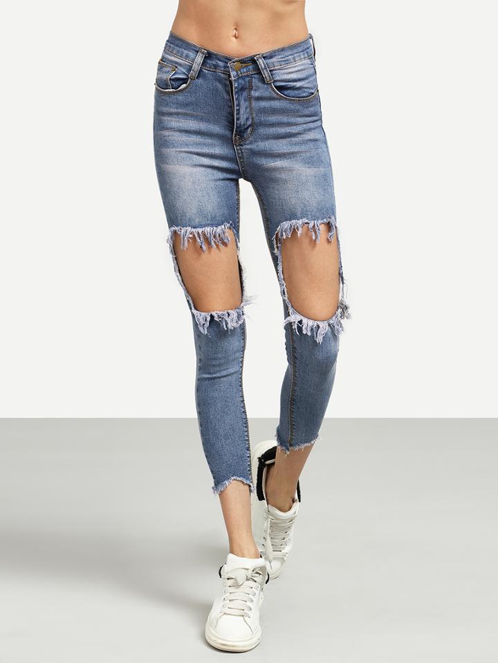 Romwe Blue Distressed Raw Hem Skinny Jeans